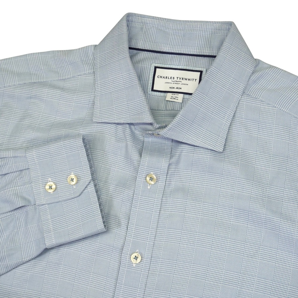 Charles Tyrwhitt Dress Shirt Mens 18/35 Blue Slim Fit Non-Iron Micro Check